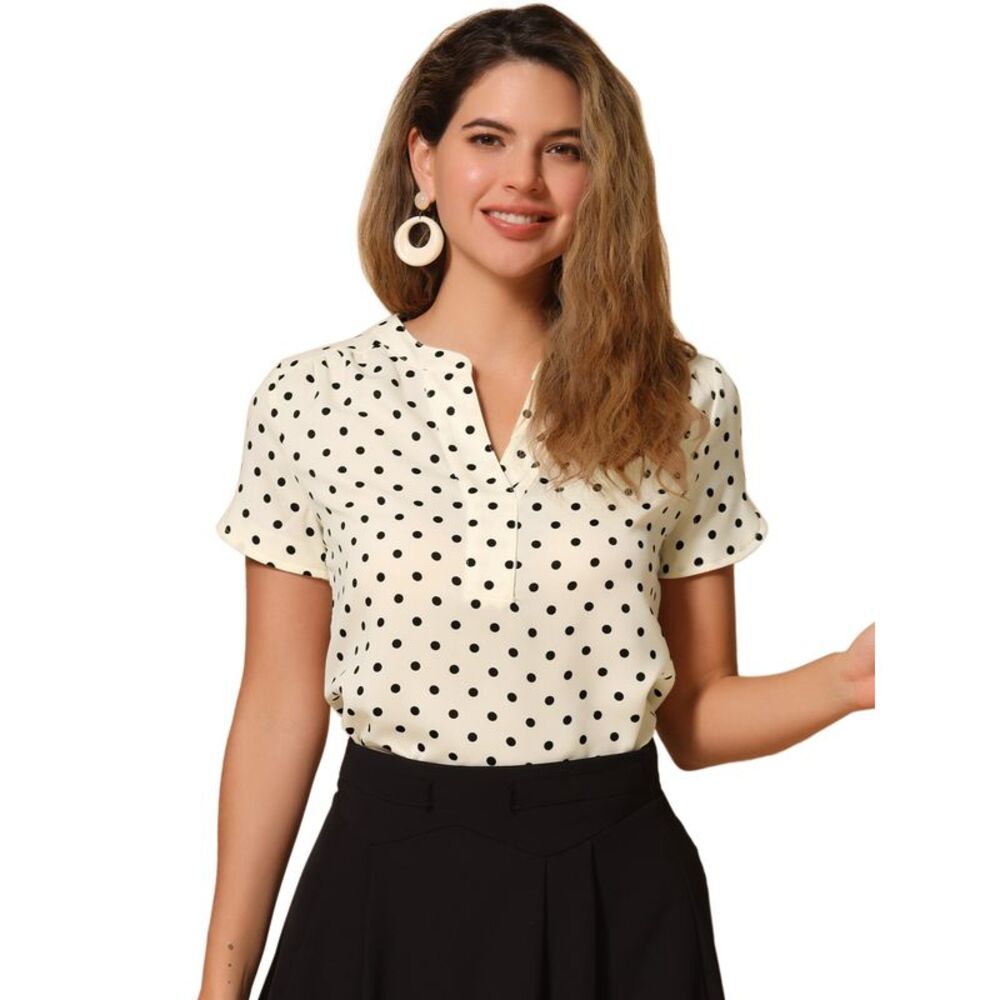 Polka Dots Print V Neck Short Sleeve Tops Apricot